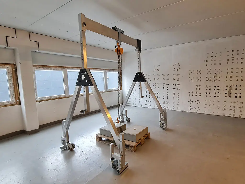 Liftroller Crane portable gantry crane assembled and in position inside a building
