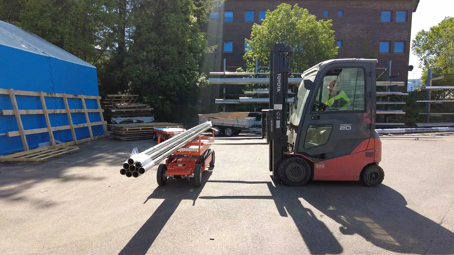 Liftroller E Mover loaded with steel pipe in a production facility