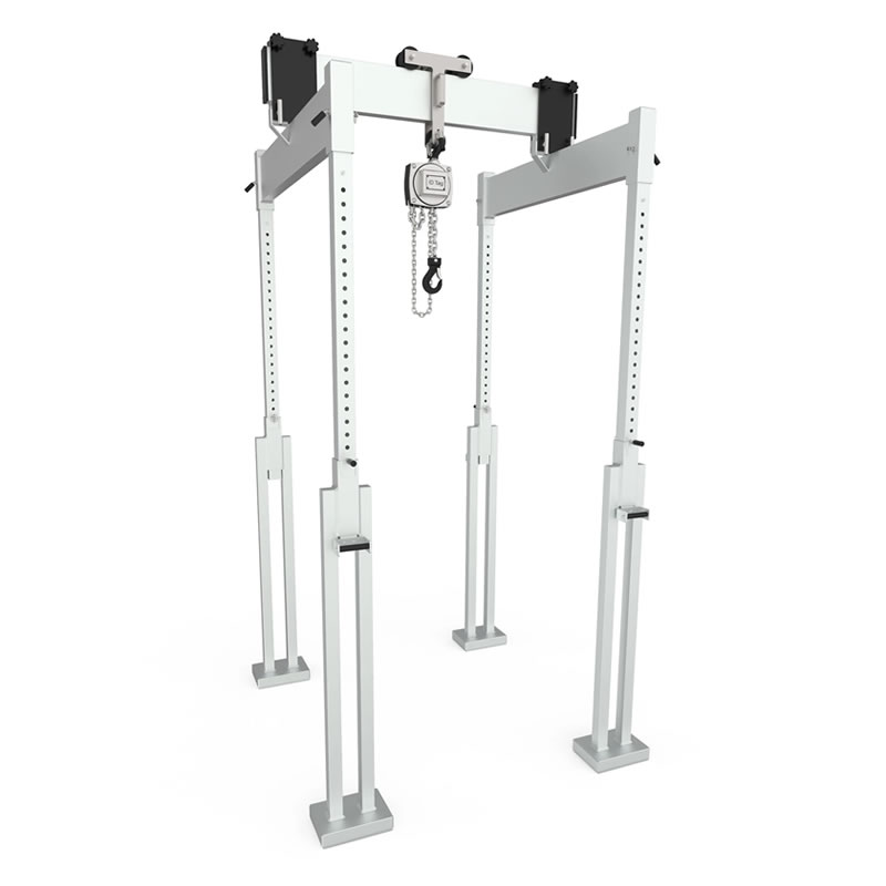 The Liftroller Crane portable lifting gantry with adjustable legs and a chain hoist