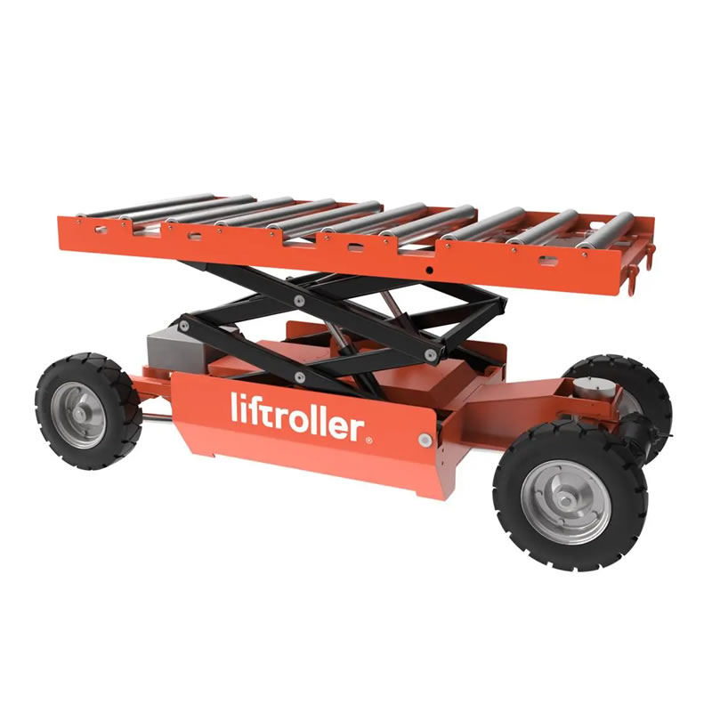 The Liftroller E Wagon electric material transport wagon with a powered roller bed