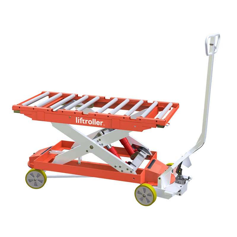 The Liftroller Wagon manual material transport wagon with a scissor lift roller bed
